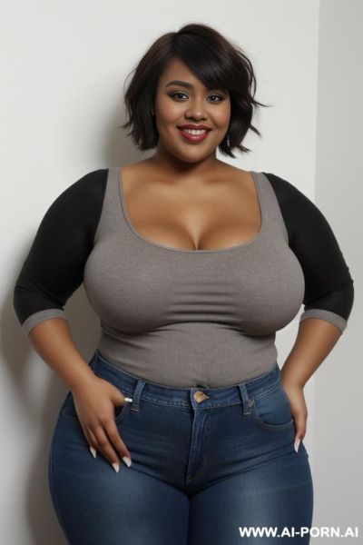 Black woman, rotund body, huge, supermodel, pear shaped, short hair, huge legs, massive hips, high rise jeans, eye contact - ai-porn.ai on pornintellect.com