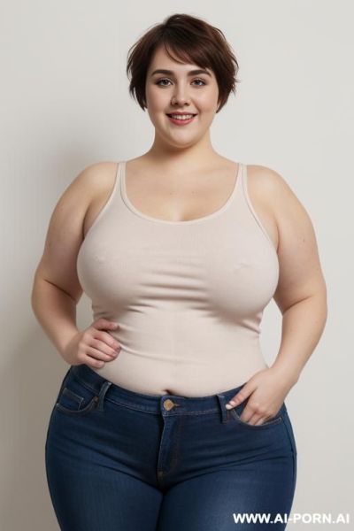 White woman, rotund body, huge, supermodel, pear shaped, short hair, huge legs, massive hips, high rise jeans, eye contact, huge arms - ai-porn.ai on pornintellect.com