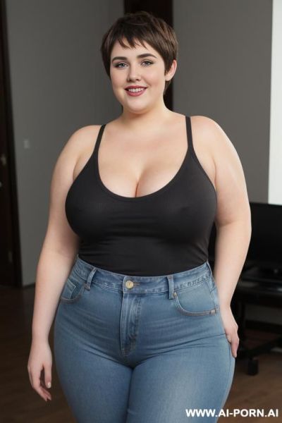 White woman, rotund body, huge, supermodel, pear shaped, short hair, huge legs, huge arms, massive hips, high rise jeans, eye contact, obese, saggy tits - ai-porn.ai on pornintellect.com