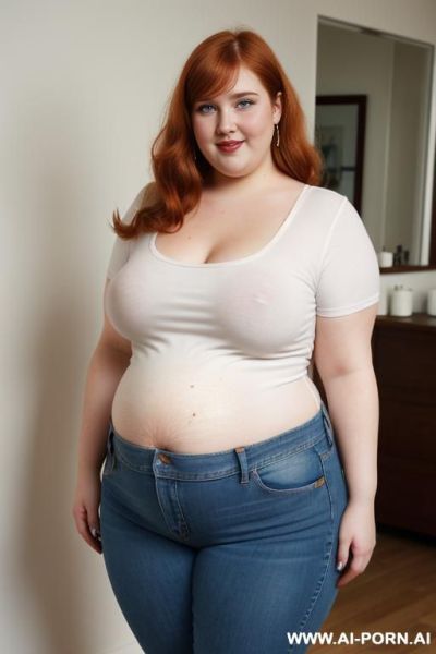 White woman, rotund body, pregnant, supermodel, pear shaped, long hair, huge legs, massive hips, high rise jeans, eye contact, huge arms, naked, angry, covered in chocolate - ai-porn.ai on pornintellect.com