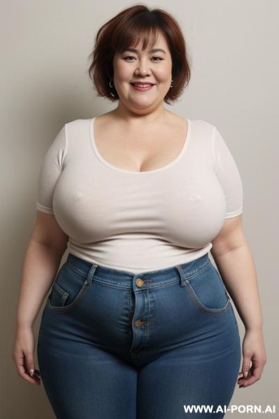 White woman, rotund body, huge, pear shaped, huge legs, huge arms, massive hips, high rise jeans, saggy tits - ai-porn.ai on pornintellect.com