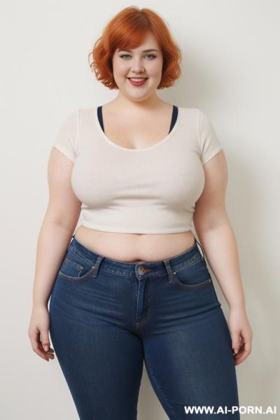 White woman, rotund body, huge, supermodel, pear shaped, short hair, huge legs, massive hips, high rise jeans, eye contact, huge arms - ai-porn.ai on pornintellect.com
