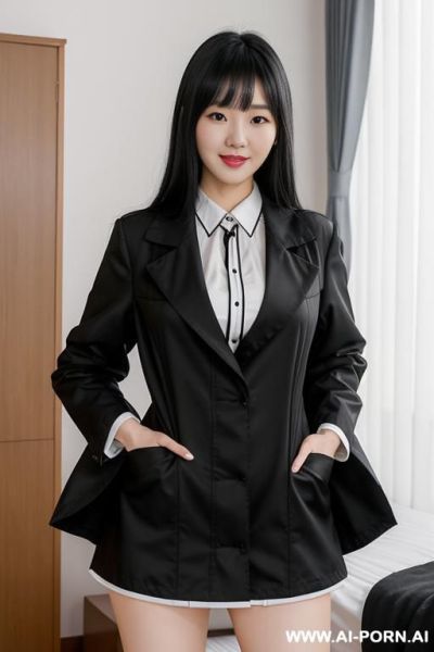 In the bedroom, white skin, tall, bangs, in a black jacket, - ai-porn.ai on pornintellect.com