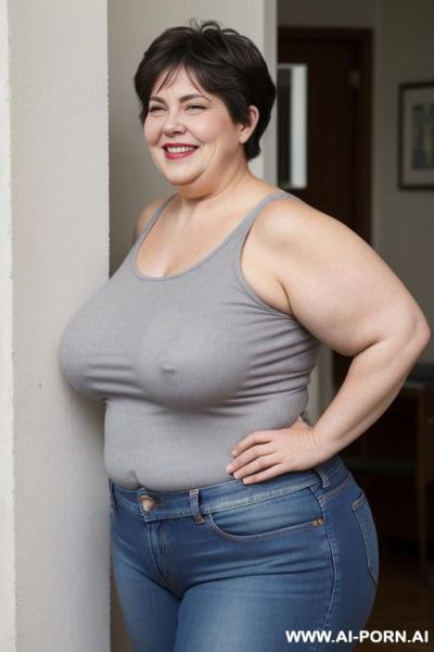 Woman, obese, huge legs, huge arms, massive hips, high rise jeans - ai-porn.ai on pornintellect.com