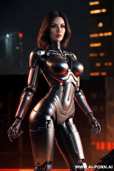 (front view), (looking at the viewer), (detailed face), (detailed body), (detailed hands), (detailed skin), terminator woman, red cybernetic eyes, metal robotic hands, armed with laser rifle, city ruins on the background - ai-porn.ai on pornintellect.com