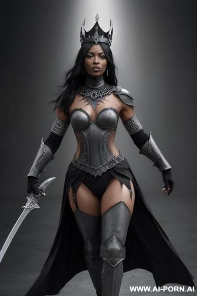 ((dark-(gray skin))), ((dark-(gray color of the body))), ((dark-(gray color of the face))), perfect athletic body, legs spread open, very dominant serious woman, front view, wearing a black steel - ai-porn.ai on pornintellect.com