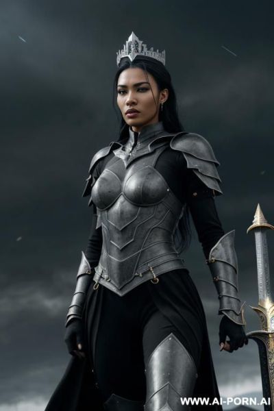 (front view), ((dark gray skin))), ((dark gray color of the face))), perfect athletic body, very dominant serious woman, wearing a black steel crown, wearing a gauntlets, wearing black fantasy armor in an aggressive style, scars on body, holding a sword - ai-porn.ai on pornintellect.com