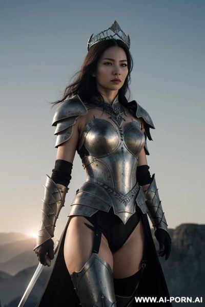 (front view), ((pallid gray skin))), ((pallid gray color of the face))), perfect athletic body, very dominant serious woman, wearing a black steel crown, wearing a gauntlets, wearing black fantasy - ai-porn.ai on pornintellect.com