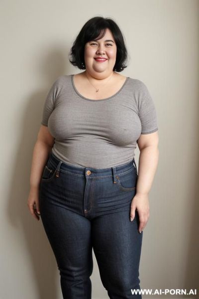 Woman, rotund body, huge, supermodel, pear shaped, long hair, huge legs, massive hips, high rise jeans, eye contact - ai-porn.ai on pornintellect.com