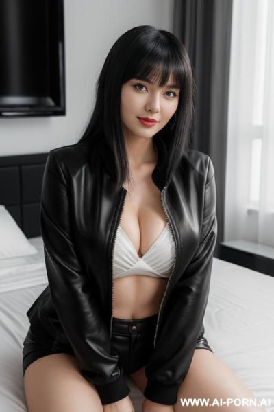 In the bedroom, white skin, bangs, in a black jacket, - ai-porn.ai on pornintellect.com