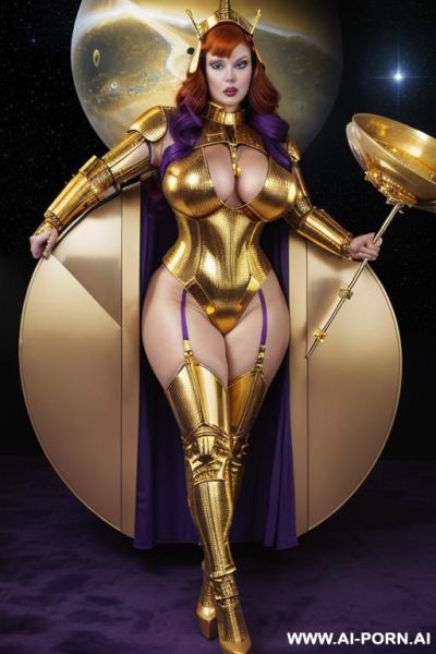 Hyperrealistic painting, with helmet, wearing golden sci-fi helmet, round boobs space queen woman, totally nude, ultra realistic, supermodel, total babe, hourglass figure, wide hips, cleavage, fit, big - ai-porn.ai on pornintellect.com