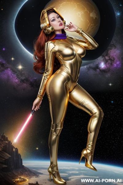 Hyperrealistic painting, with helmet, wearing golden sci-fi helmet, round boobs space queen woman, totally nude, drawings, plump supermodel, total babe, wide hips, cleavage, fit, big ass, massive - ai-porn.ai on pornintellect.com