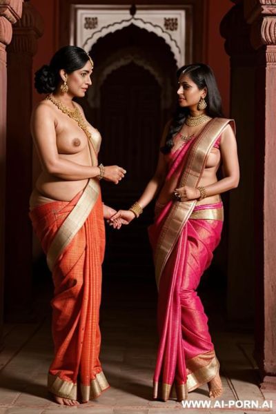 A situation with a ancient indian fifty years old blackhaired pudgy queen in a traditional sari and her lesbian devote obedient submissive full naked female servant with shaved vagina in a indian palace - ai-porn.ai - India on pornintellect.com