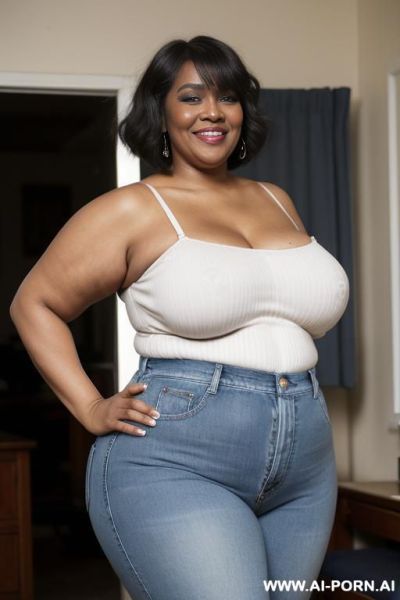 Black woman, rotund body, huge, supermodel, pear shaped, long hair, huge legs, massive hips, high rise jeans, eye contact - ai-porn.ai on pornintellect.com