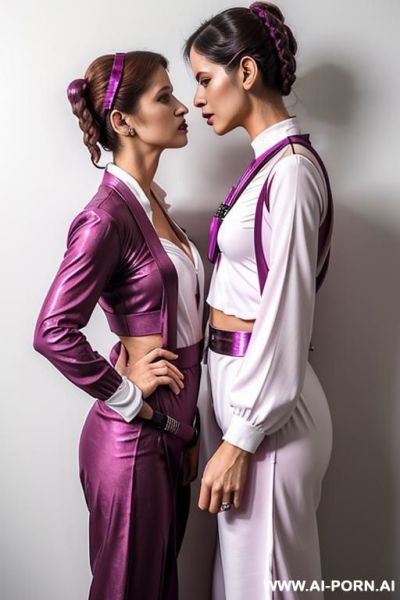 Two bangladeshi hot mature sexy granny in a photoshoot, mom and wife, lesbian affair, slutty makeup, nasty poses, wide long shot, sexy outfit, photorealism, bold eyes, biting lips, on the wall, - ai-porn.ai on pornintellect.com