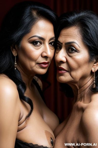 Two bangladeshi hot mature sexy granny in a photoshoot, mom and wife, lesbian affair, slutty makeup, nasty poses, - ai-porn.ai on pornintellect.com