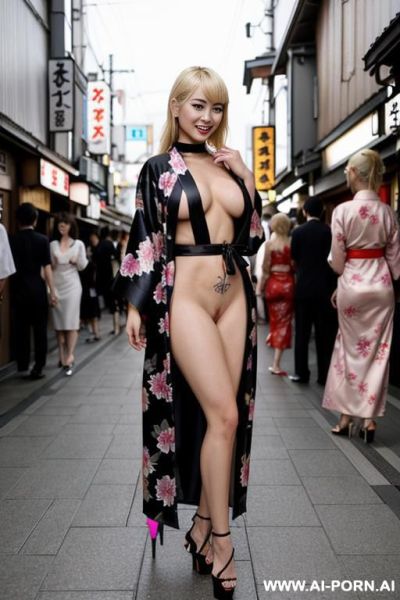 Three women completely naked wearing black lipstick, black eyeliner, spiked choker, platform stripper heels posing like cheap sluts in tokyo wearing american colors - ai-porn.ai - Usa on pornintellect.com