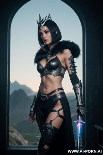 (medium shot), (front view), (eye contact), (looking at viewer), sci-fi dark fantasy swordswoman, dominant body pose, threaing looking woman, arrogant cruel face, ultra realistic, slender sinewy body, - ai-porn.ai on pornintellect.com