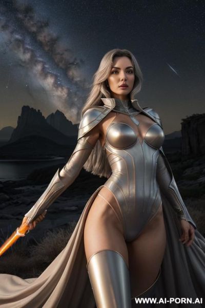 (front view), (looking at the viewer), (standing at front), (detailed face), (detailed body), (detailed hands), (detailed skin), extraterrestrial sci-fi swordwoman, well-toned slender atletic figure, silky - ai-porn.ai on pornintellect.com