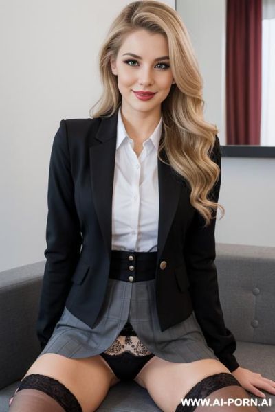 Milf sexbot, front view, full body view, looking at viewer, seductive smile, pretty face, blonde hair, big lips, heavy makeup, ((keep face)), ((keep body)), late at night in penthouse suite, skyline view, - ai-porn.ai on pornintellect.com