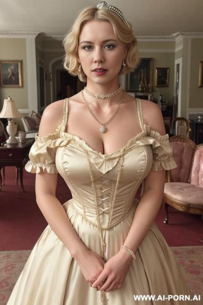 Blonde short wavy hair, princess dress, (((chocker necklace))) full body shot, romantic look in the camera mouth open ((victorian living room)), big natural boobs, natural w - ai-porn.ai on pornintellect.com