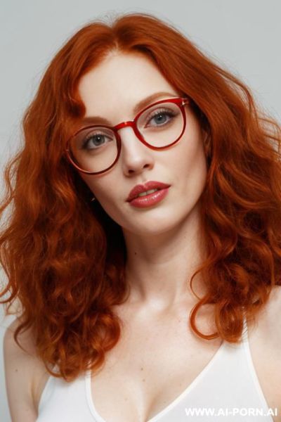A white woman with long curly red hair and glasses - ai-porn.ai on pornintellect.com