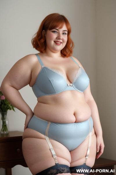White woman, rotund body, huge, supermodel, pear shaped, lovehandless, obese, tummy, short hair, huge legs, massive hips, high rise (garter belt stockings), eye contact, huge arms - ai-porn.ai on pornintellect.com