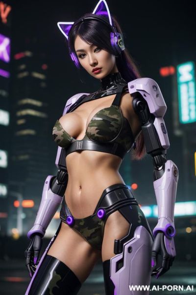 Beautiful realistic woman ((woman fully robotic mechanic body)), (((holding electric and luminous neon violet assault rifle))), ultra detailed, finely detail, highly detailed face, highly detailed eyes, - ai-porn.ai on pornintellect.com