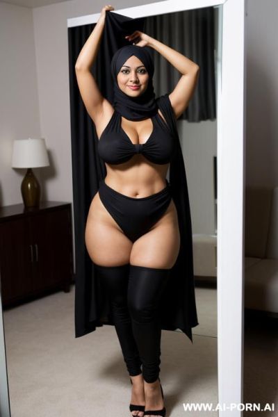 A beautiful arabic mature naked, full naked, wearing a black hijjab, ((arms up)) - ai-porn.ai on pornintellect.com