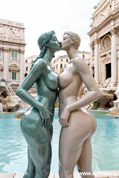 Sculpture of two kissing naked women in white. realistic, very beautiful faces. full body view. trevi fountain in the background. sculpture. white. french kiss. lesbians. big breasts. big ass. lesbian kiss - ai-porn.ai - France on pornintellect.com
