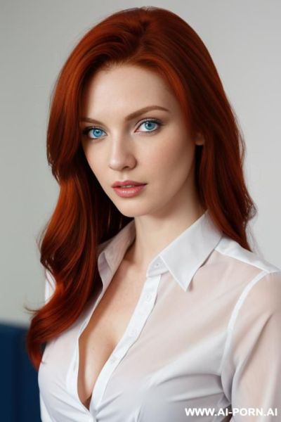 Open white office shirt, natural redhead, blue eyes - ai-porn.ai on pornintellect.com