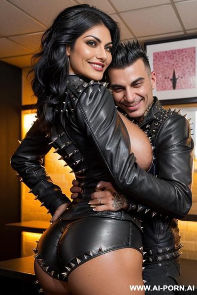 ((((persian milf hugging a twenty year old muscular punk man)))) with ((((((gigantic tits)))))) and (((long hair))), (makeup) , (((tight spiked black leather jacket))) (((tight spiked black leather - ai-porn.ai - Iran on pornintellect.com