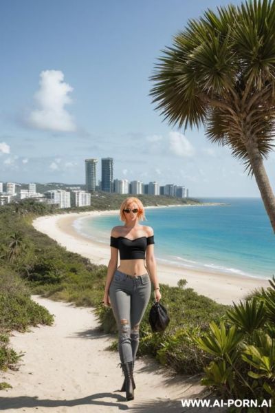 Ginger female sexy pornstar hooker in tight black sport tshirt bare shoulders lowered sleeves cleavage in gray dusty skintight jeans in punk boots she walk edge of mountain path ocean landscape - ai-porn.ai on pornintellect.com
