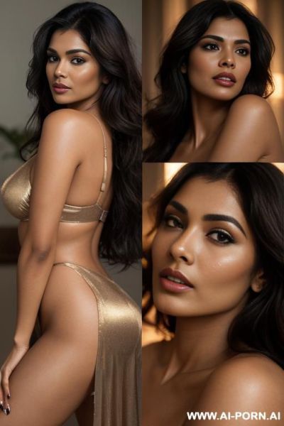 M toned cinematic portrait collage of zeenath aman with soft glowing skin, and glossy nude lips. she has long dark brown hair styled in loose waves with face-framing strands. she is dressed - ai-porn.ai on pornintellect.com
