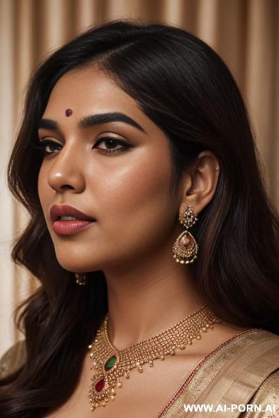 M toned cinematic portrait collage of bhumi pednekar with soft glowing skin, and glossy nude lips. she has long dark brown hair styled in loose waves with face-framing strands. she is wearing - ai-porn.ai on pornintellect.com