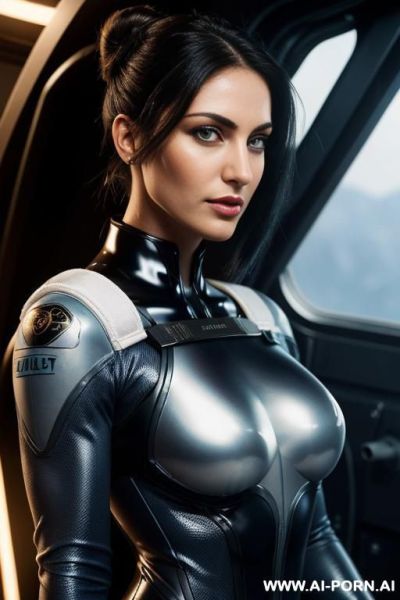 Sci-fi pilot (front view) finely detail, highly detailed face, highly detailed eyes, sexy eyes, best quality eyes, highly detailed hands, highly detailed skin, strong body (hourglass figure) wide - ai-porn.ai on pornintellect.com