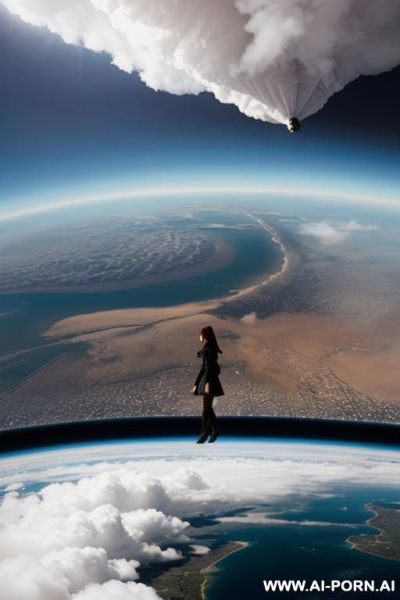 Giantess woman is walking through clouds while city is at her feet while camera is in space looking down at the giantess woman walking on the surface of the earth. - ai-porn.ai on pornintellect.com