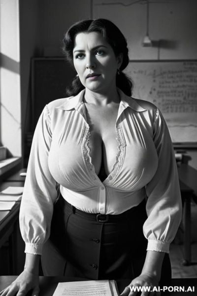 Retro monochrome photograph, soviet village adult-scho_ol education class, stalin-era atmosphere, middle-aged full-figured soviet teacher with generous soft curves and plump mature build, enormously gigantic - ai-porn.ai on pornintellect.com