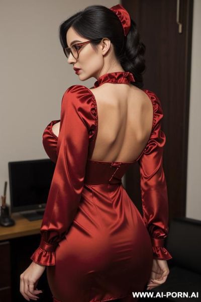 Tight dress, office, seductive, glasses, massive boobs, , hair in gy style, long sleeves, - ai-porn.ai on pornintellect.com