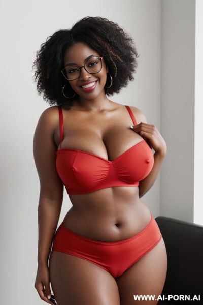 1woman, black woman, very dark skin, massive breasts, huge breasts, breast overflow, deep cleavage, curvy, chubby, thick thighs, wide hips, large afro, voluminous curly black hair, red glasses, brown - ai-porn.ai on pornintellect.com