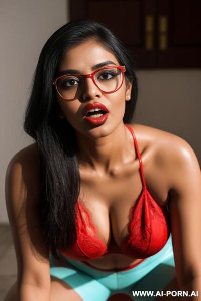 A bangladeshi woman kneeling and looking up, in glasses, open mouth, red lips, looking at the viewers, - ai-porn.ai on pornintellect.com