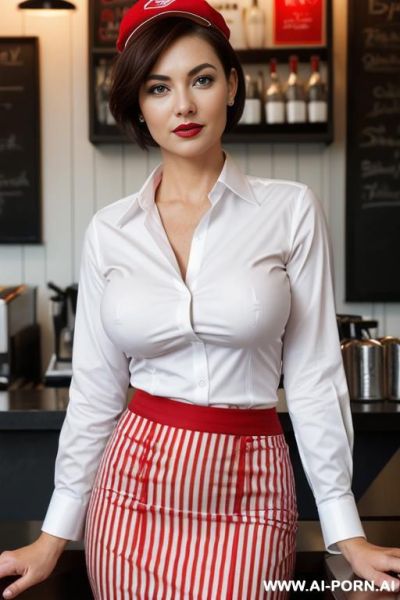 ((white office shirt with red stripes)), black pencil skirt, red cap, fit woman with short hair and big juicy boobs, barista - ai-porn.ai on pornintellect.com
