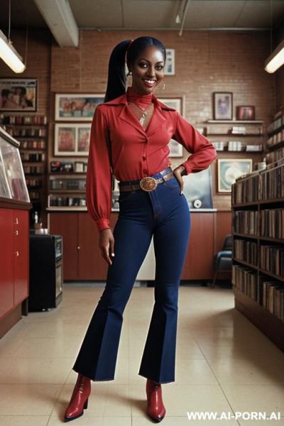 Ebony, flare blue jeans, belt, short cowgir boots - ai-porn.ai on pornintellect.com