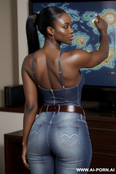 Ebony, blue buxom jeans, belt, oxford shoes, nice ass, from behind - ai-porn.ai on pornintellect.com