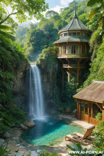 Wood cabin hotel in woods mountain hills jungle island beach several female lesbian nude orgy blonde long wavy blond in mountains landscape river cove outside view at steampunk castle mansion - ai-porn.ai on pornintellect.com