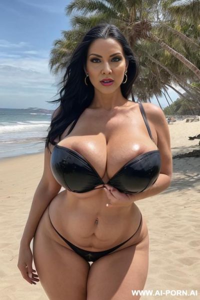 Mature pornstar bimbo, hourglass body, bimbo lips, monstruosly gigantic fake tits, teapered waist, cumslut milf, curvy body, sexy bimbo face, full body view, ((keep face)), ((keep body)), at beach party, - ai-porn.ai on pornintellect.com