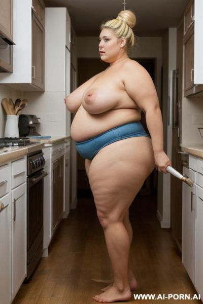 Hairy pussy,, huge nipples, hang a huge dildo, penis shaped sex toy in hand, saggy nipples, side view - ai-porn.ai on pornintellect.com