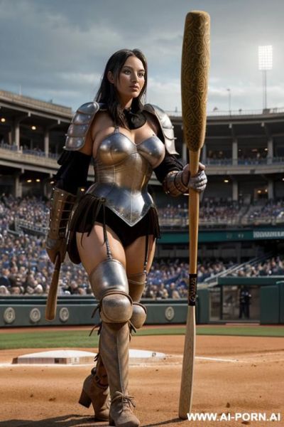 At nigth , horizont looking , walking sexy pose , mud-stained body , thong , topless huge tits , wet brunette hair with groun level shot view fish eye lens shot , ((((baseball stick)))) , - ai-porn.ai on pornintellect.com
