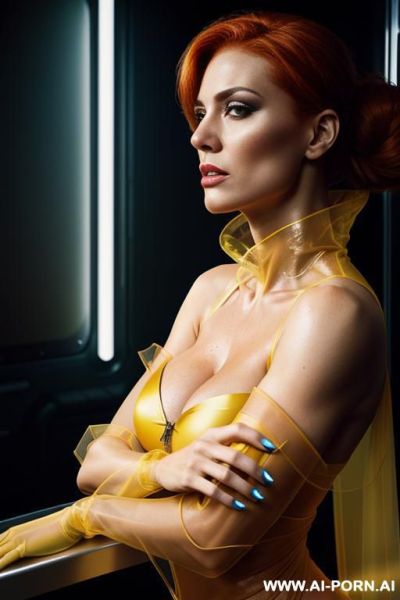 An atompunk sci-fi mature woman with yellow transparent sheer hood with yellow transparent sheer hood, in a voluminous, elaborate satin yellow abd light-blue gown with voluminous ruffles and a - ai-porn.ai on pornintellect.com