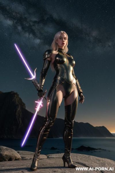 (front view), (looking at the viewer), (detailed face), (detailed body), (detailed hands), (detailed skin), sci-fi swordwoman, well-toned slender atletic figure, silky long flowing hair, mystical makeup, - ai-porn.ai on pornintellect.com